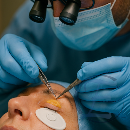 Cirurgião com lupas remove xantelasma com microtesoura; protetor ocular e campo azul.
