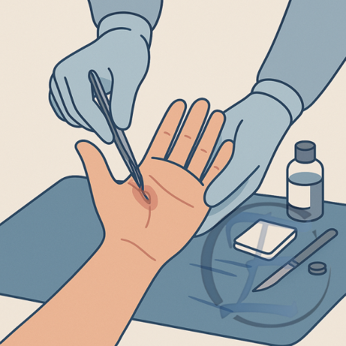 Remoção médica de corpo estranho superficial com assepsia e técnica segura.