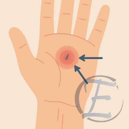 Ilustração médica mostrando corpo estranho superficial preso na pele com sinais de inflamação leve.