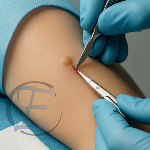 Procedimento de retirada de lesão cutânea com foco estético realizado com técnica limpa.