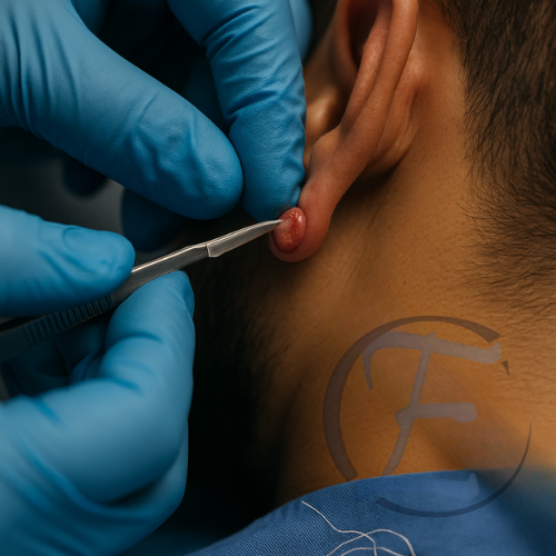 Cirurgião de luvas azuis remove pequeno queloide do lóbulo com bisturi; seringa vista ao lado.