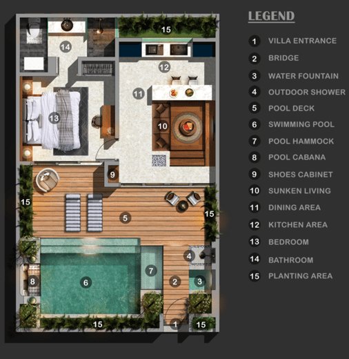 Villa Oraya architectural floor plan showing surface areas of each space, including living zones,