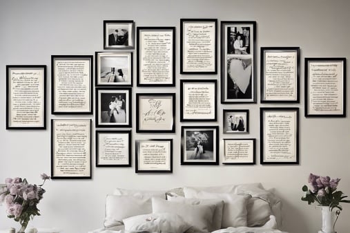 a gallery wall of romantic quotes or love letters