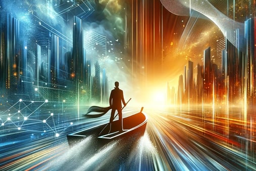 lejra a man in a boat on a city street cyber era