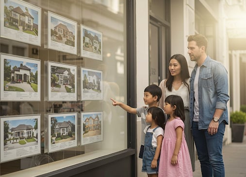 une famille regarde la vitrine d'une agence immobilière