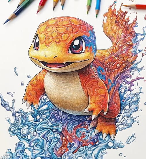 Kleurplaat van Charmander, ingekleurd, met potloden