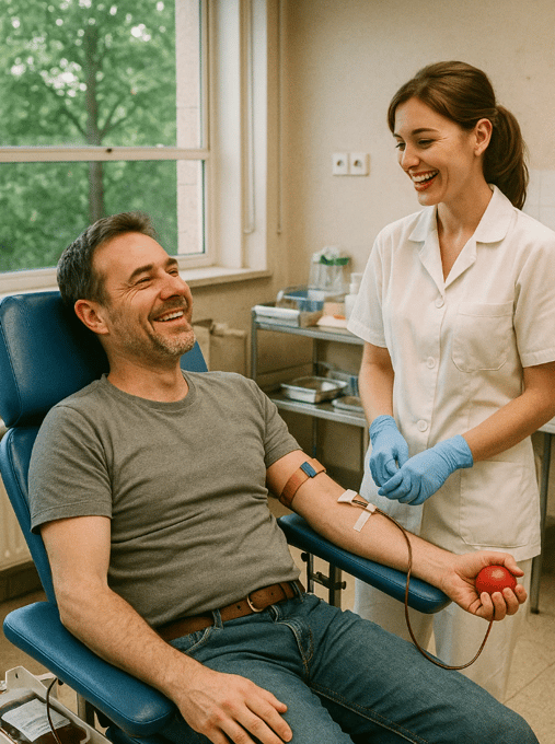 Donneur de sang avec une infirmière pour la journée mondiale des donneurs de sang.