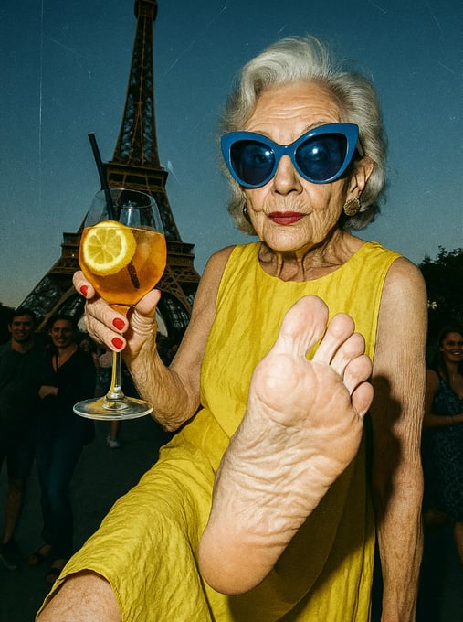 Une femme agée et stylée montre son pied pour la journée nationale de la santé du pied