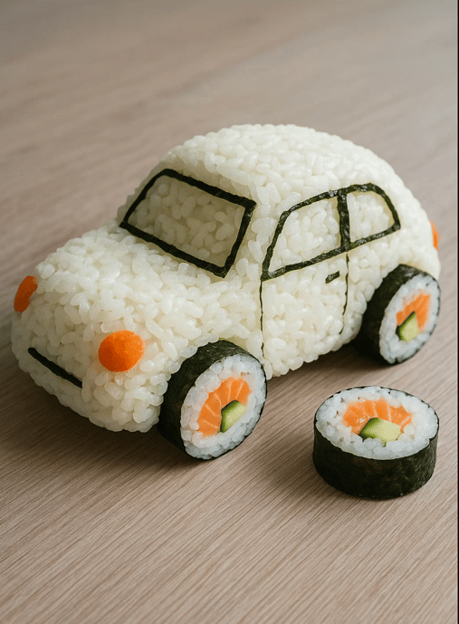 Voiture de riz avec roues en sushi pour la journée mondiale des sushis.