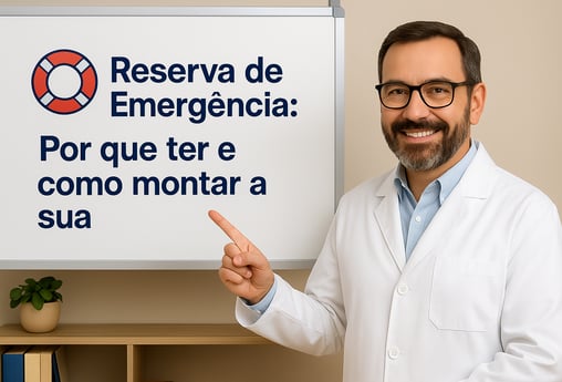 Dr. Finanças explicando a importância da reserva de emergência em quadro branco, com sorriso acolhed