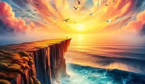 Promontoir rocheux s'avacçant dans la mer et coucher de soleil avec oiseaux dans le ciel orange