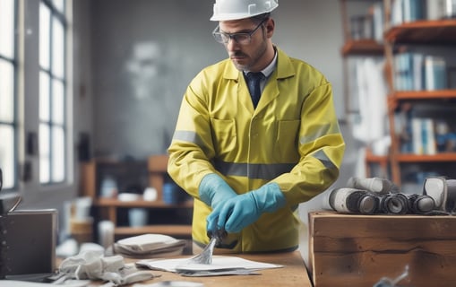 A black and white photo of a man wearing a safety helmet and a work jacket. The background shows an industrial setting with blurred machinery and office windows.