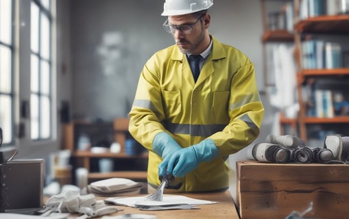 A black and white photo of a man wearing a safety helmet and a work jacket. The background shows an industrial setting with blurred machinery and office windows.