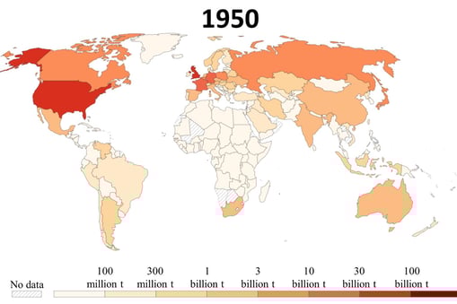 Map of cumulative CO2 emissions since 1750 by country in 1950