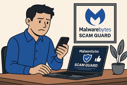 A man working on Malwarebytes Scam Guard in his laptop
