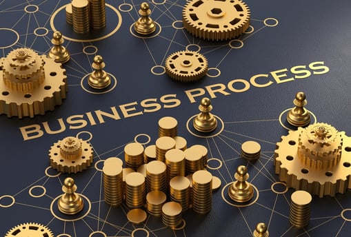 a business process with gears and gears on a blue background