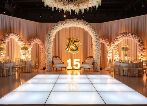 Luxury Quinceañera event setup in Miami showcasing full-service planning with floral arches, gold '15' centerpiece, luxury da