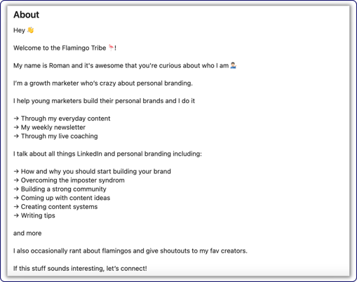 Great LinkedIn about section example