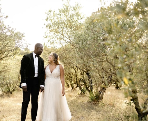 Provence elopement couple in olive grove sharing a romantic gaze, captured by fine art photographer