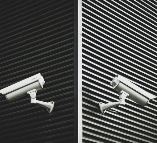 Two cameras mounted on a wall near a building and  integrated with 24/7 CCTV remote monitoring