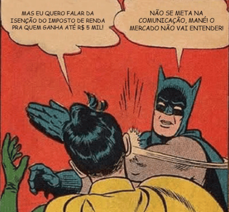 Meme de imagem de gibi, com Batman esbofeteando Robin