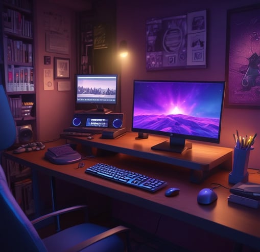 A laptop displays an open software program, likely a video editing or motion graphics application, showing multiple layers and a timeline with a preview of a logo in the center of the screen. The environment is dimly lit, highlighting the screen's glow.