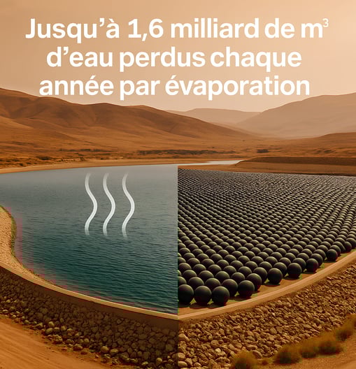 Couverture flottante anti-évaporation avec Enviro shade balls sur un réservoir