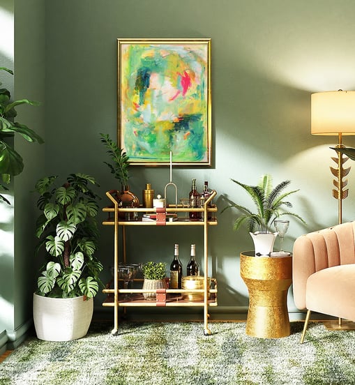 a living room with a couch, chair, and the painting "gifts of abundance" above, wonderful greens