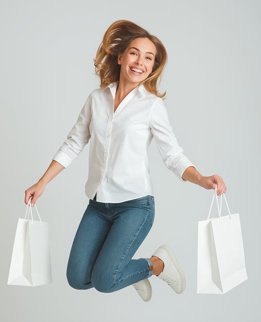 Uma mulher feliz com suas sacolas de presente