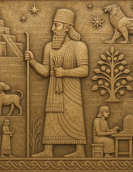 a stone relief of a man with a bird on his arm