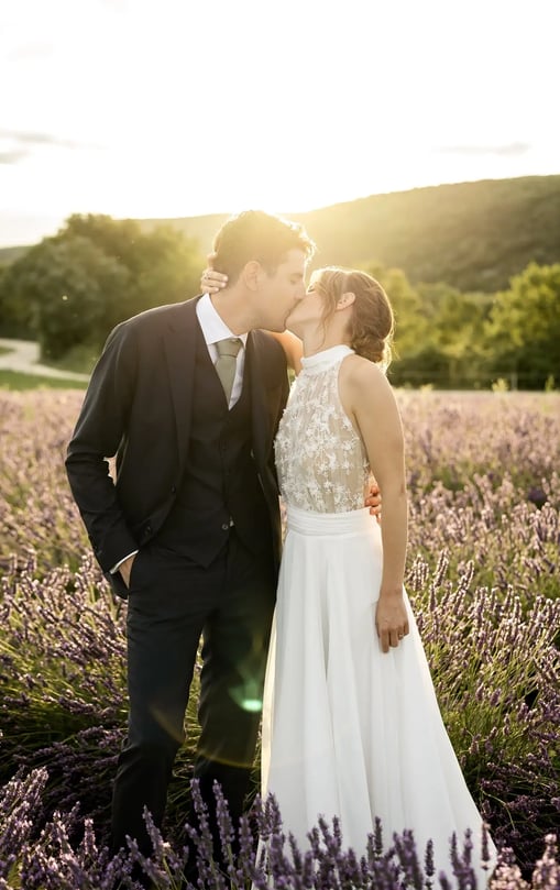 Post-wedding photo session in Provence — bride and groom at sunset