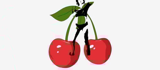 a pair of cherries with Apple Jucy Ink on a white background