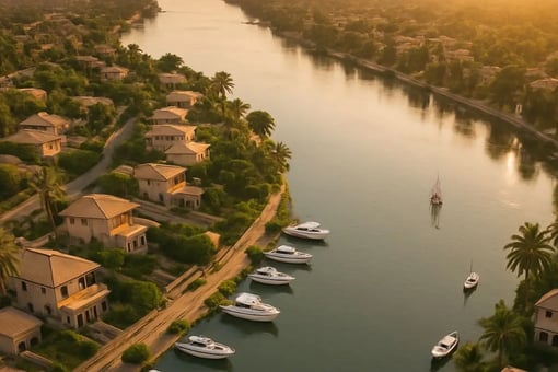 General view of Jirian showing marina and villas along the New Nile