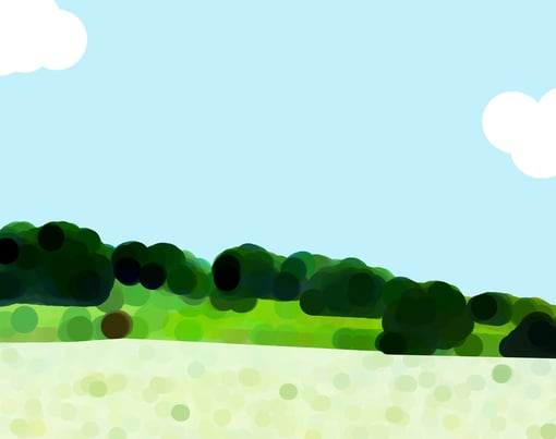 a cartoonish looking landscape with a cow in the foreground