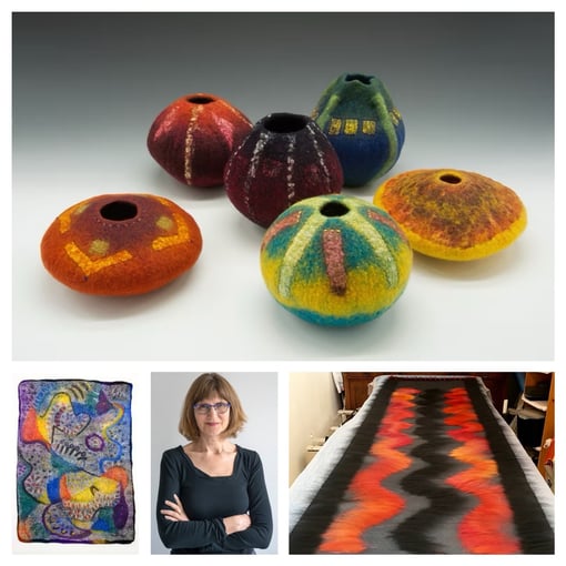 Judith Daniels with photos of her felted vessels