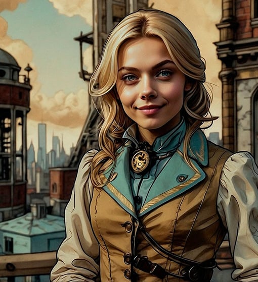 Portrait photo transformed into a comic painting of a girl with steamp punk style