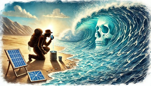Survival scene with ocean waves and a solar still depicted in watercolor style.