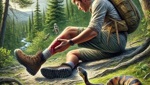 A hiker in a forest sitting on the ground with an immobilized leg after a snake bite, while a snake slithers away