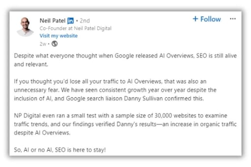 A screenshot of a LinkedIn post from Neil Patel about Google AI Overviews and the future of search