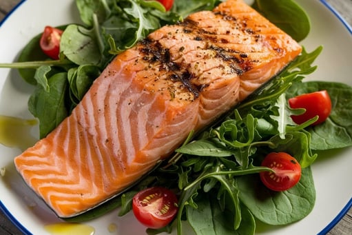 a slice of salmon resting on leaffy greens with halved cherry tomatoes surrounding it