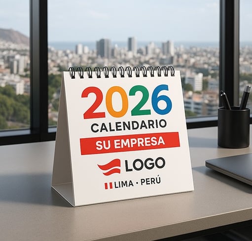 Calendario de escritorio personalizado 2026 con logo de empresa en Lima, Perú