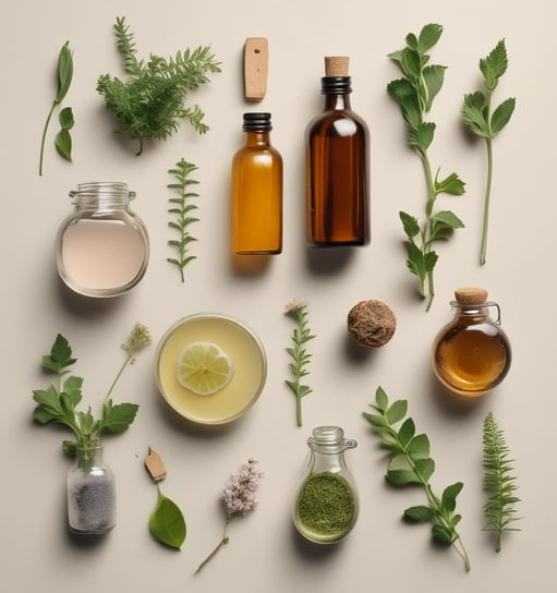 Diferentes plantas y frascos oscuros con remedios naturales caseros