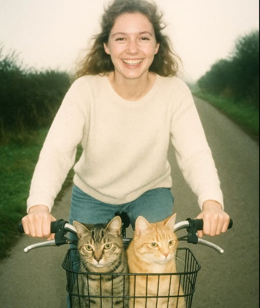Une jeune femme se balade à vélo avec deux chats pour la journée internationale du chat.