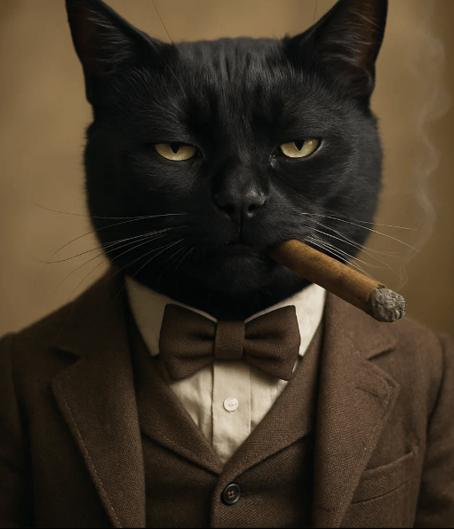 Un chat noir en costume avec un cigare pour la journée internationale des chats.