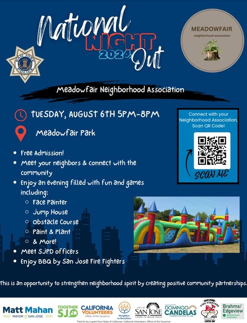 Flyerr for National Night Out at San Jose, CA. Hosted by Meadowfair Neighborhood Association.