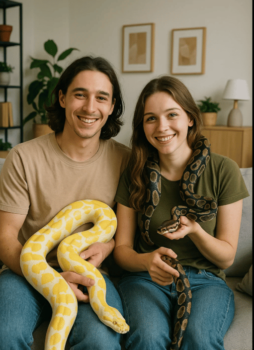 Un couple avec des Serpents chez eux pour la journée mondiale des serpents.