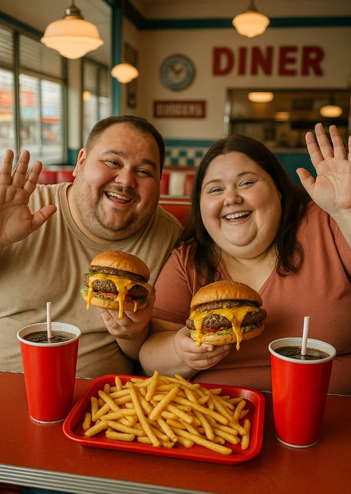 Un couple avec des rondeurs mange un fast food pour la journée mondiale de la malbouffe