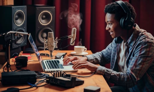 a man in headphones and headphones is sitting at a desk with a laptop