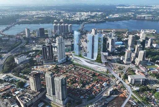 Alt: "Aerial view of Johor CIQ checkpoint and Bukit Chagar RTS station construction" Alt: "Skyline o