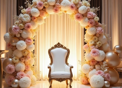 Elegant indoor Quinceañera welcome setup featuring a floral arch, luxury throne chair, metallic balloon garlands, and upscale